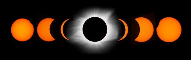 A composite photo shows the stages of the 2017 total solar eclipse in Hopkinsville, Kentucky.